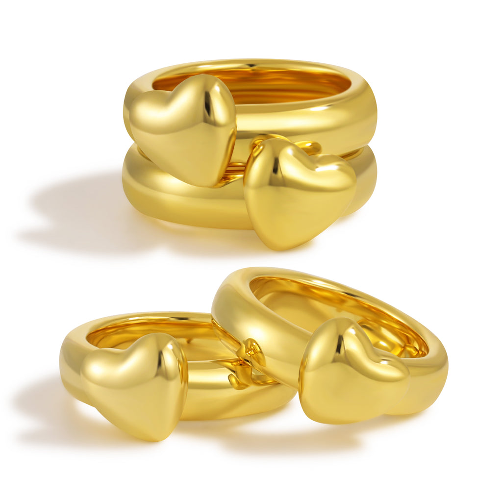 Girl Elegant Heart 999 Sterling Silver Golden Double Layer Stacking Rings