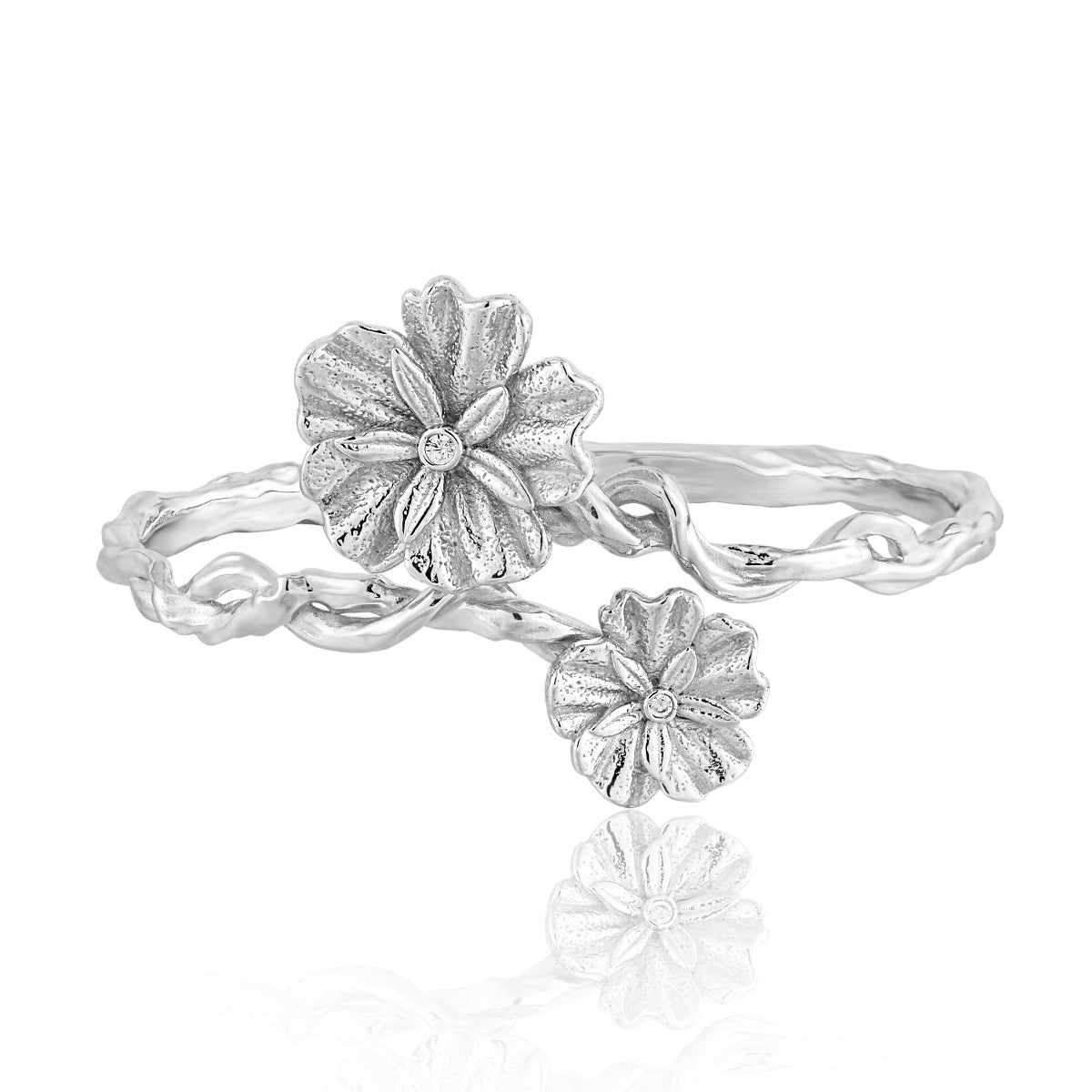 Girl Twisted Beautiful Flower 925 Sterling Silver Open Bangle