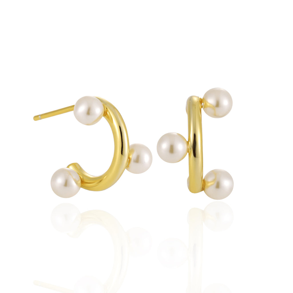 Fashion Office Round Shell Pearls C Shape 925 Sterling Silver Hoop Earrings