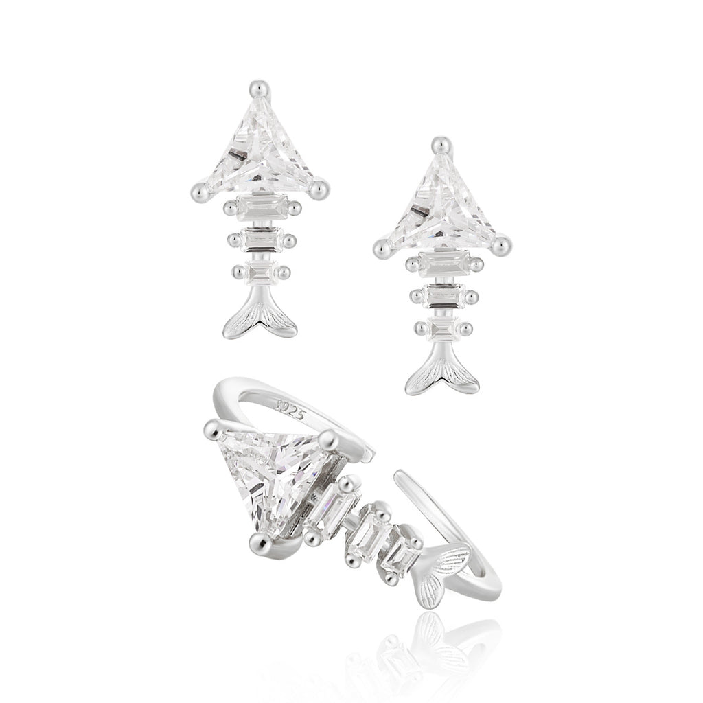 Fashion Irregular CZ Fishbone 925 Sterling Silver Adjustable Ring Stud Earrings