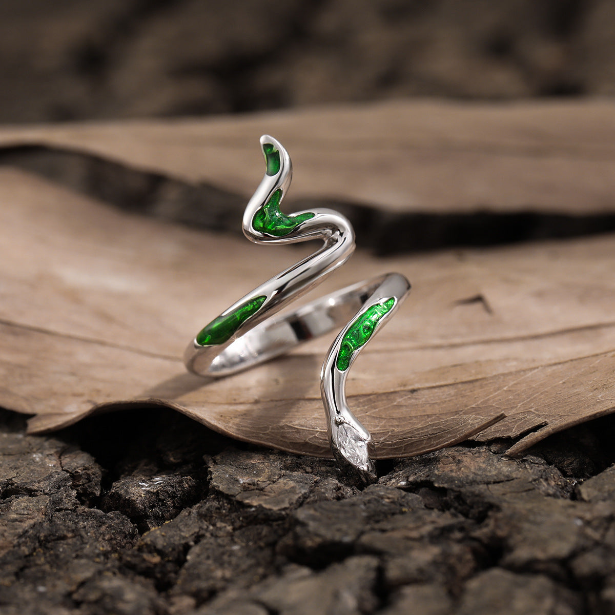 Fashion Animail Green Epoxy Snake 925 Sterling Silver Adjustable Ring