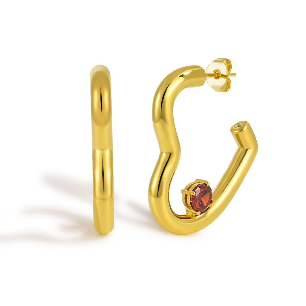 Women Fashion Red CZ Heart 999 Sterling Silver Hoop Earrings