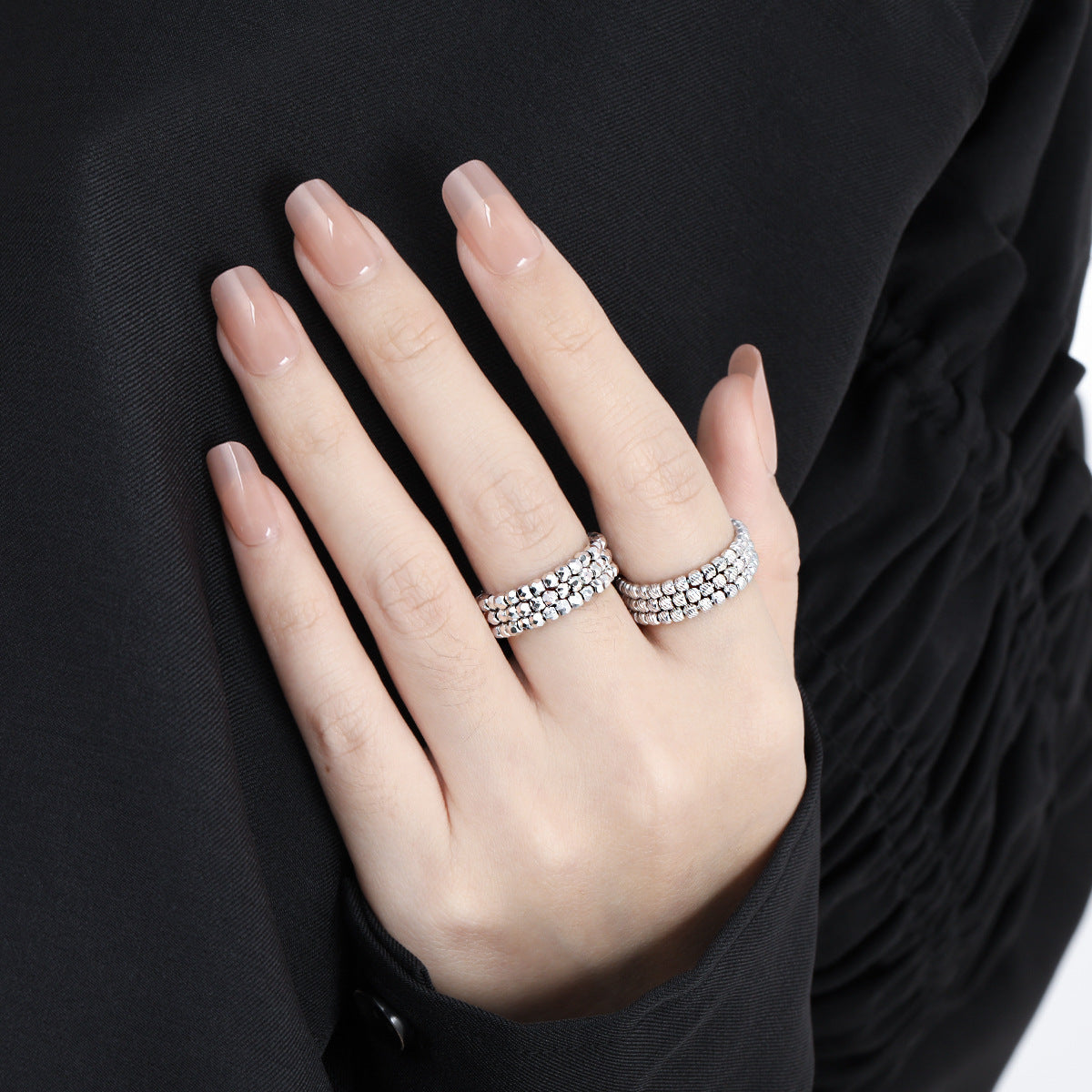 Fashion Irregular Triple Layers Rhombus Beads 925 Sterling Silver Adjustable Ring