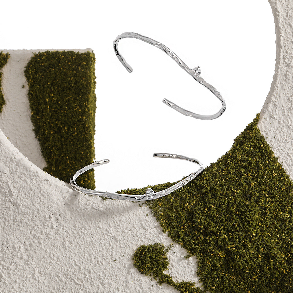 Simple Irregular CZ Wave 925 Sterling Silver Open Bangle