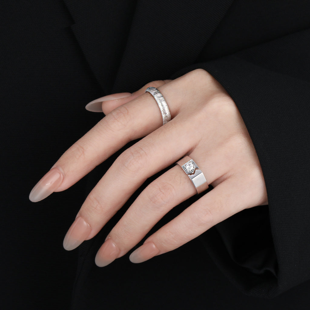 Men's Irregular Borken Pattern CZ 925 Sterling Silver Adjustable Ring