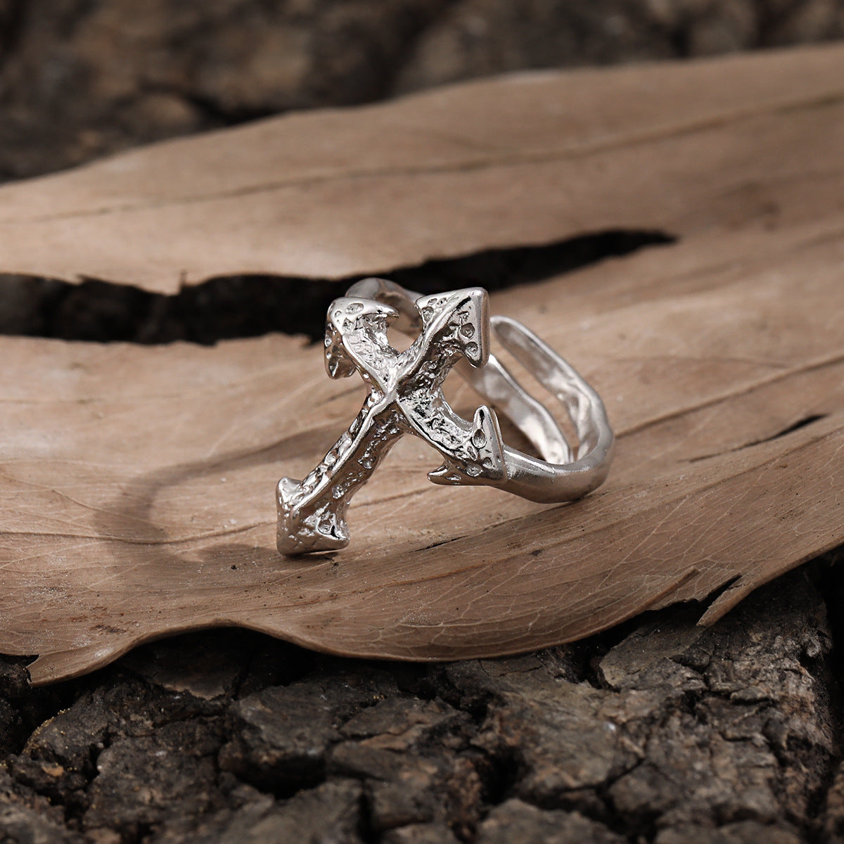 Modern Irregular Cross 925 Sterling Silver Adjustable Ring