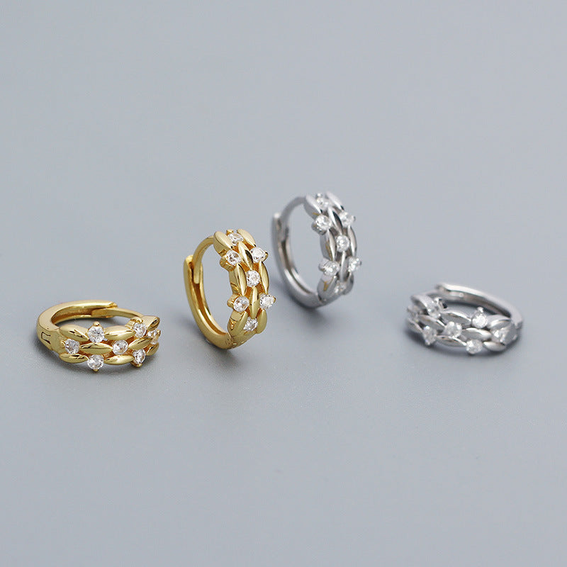 Sweet Mini CZ Leaves Branch 925 Sterling Silver Hoop Earrings