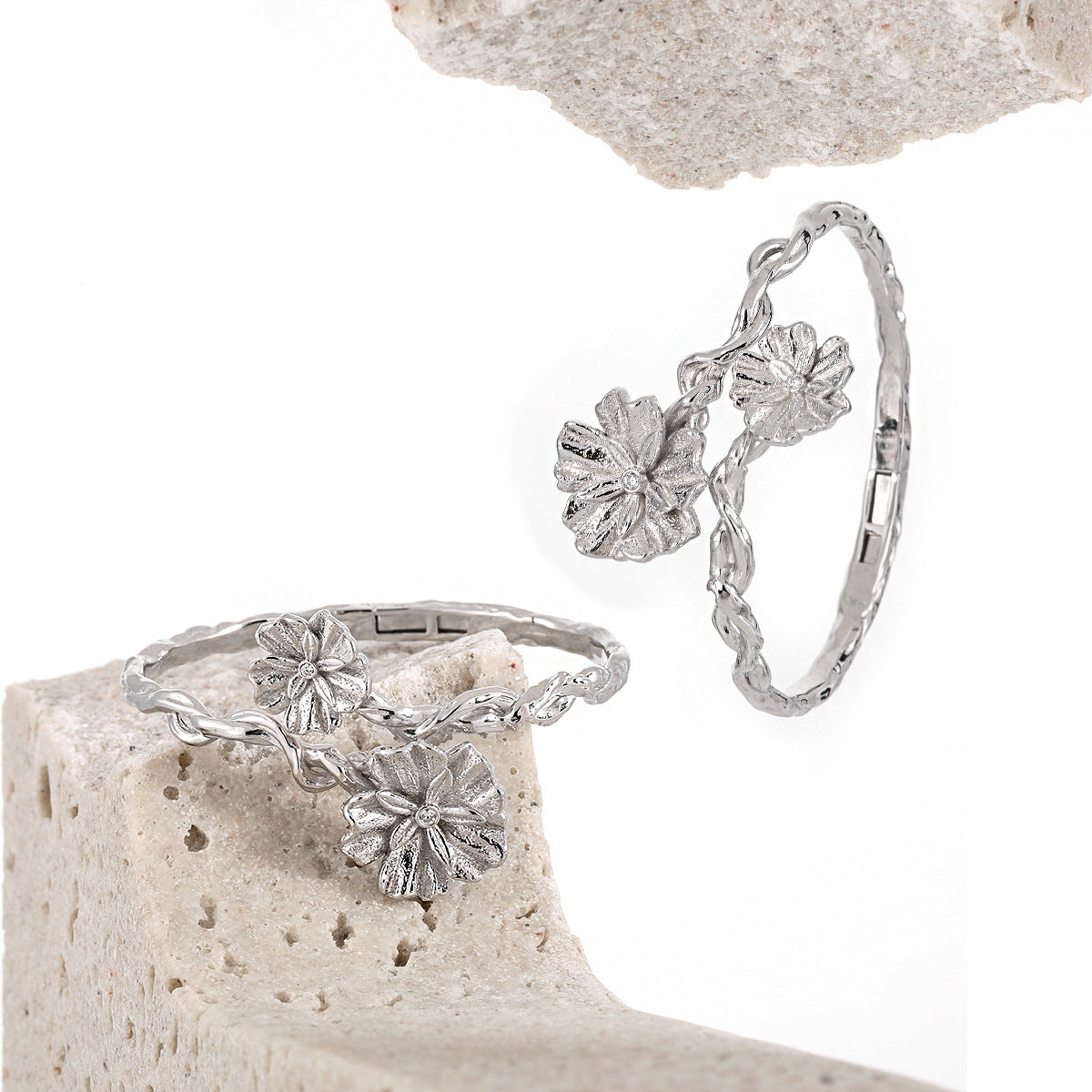 Girl Twisted Beautiful Flower 925 Sterling Silver Open Bangle