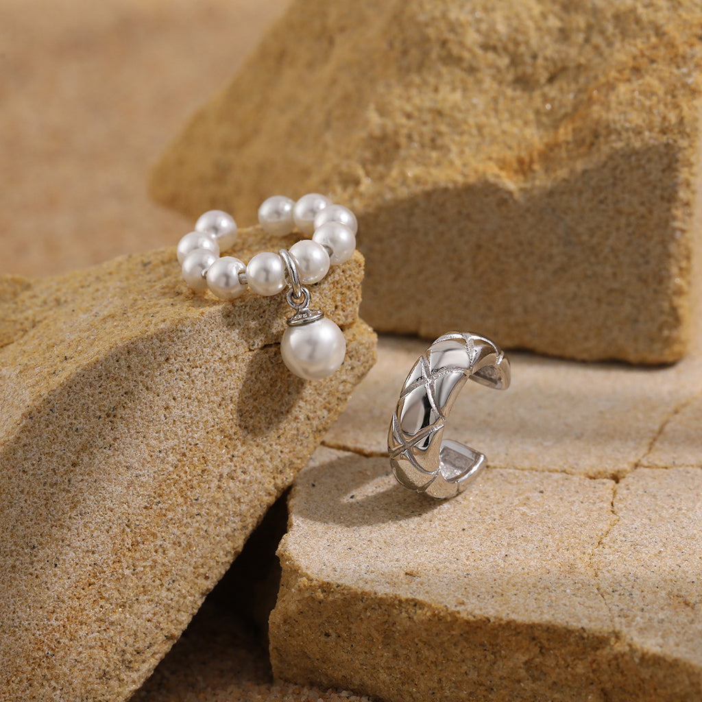 Women Elegant Quilting Pattern Shell Pearls 925 Sterling Silver Non-Pierced Earring(Single)