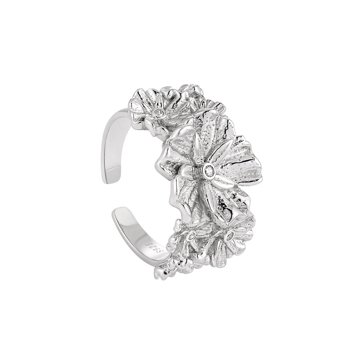 Women Beautiful CZ Flowers 925 Sterling Silver Adjustable Ring