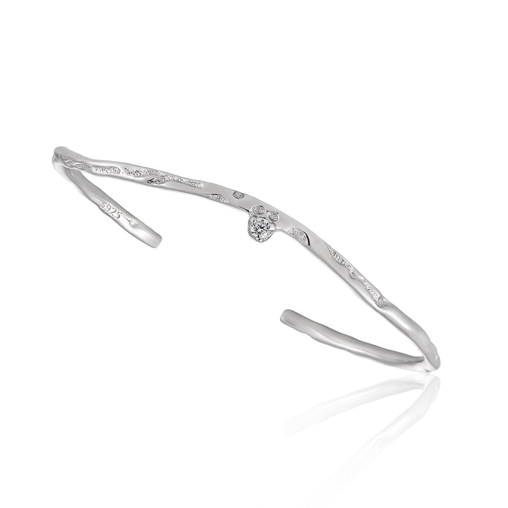 Simple Irregular CZ Wave 925 Sterling Silver Open Bangle