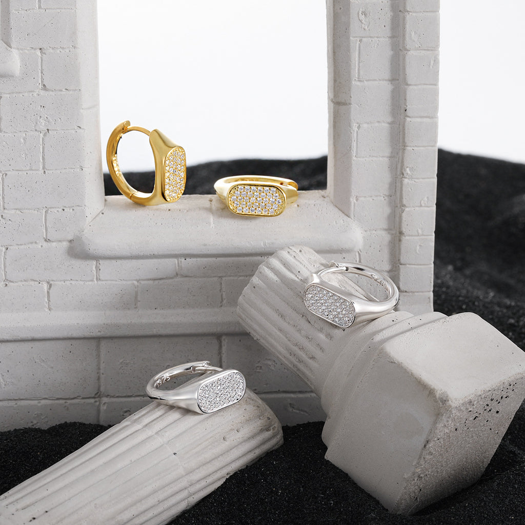 Geometry Irregular Rectangle Micro Setting CZ 925 Sterling Silver Hoop Earrings