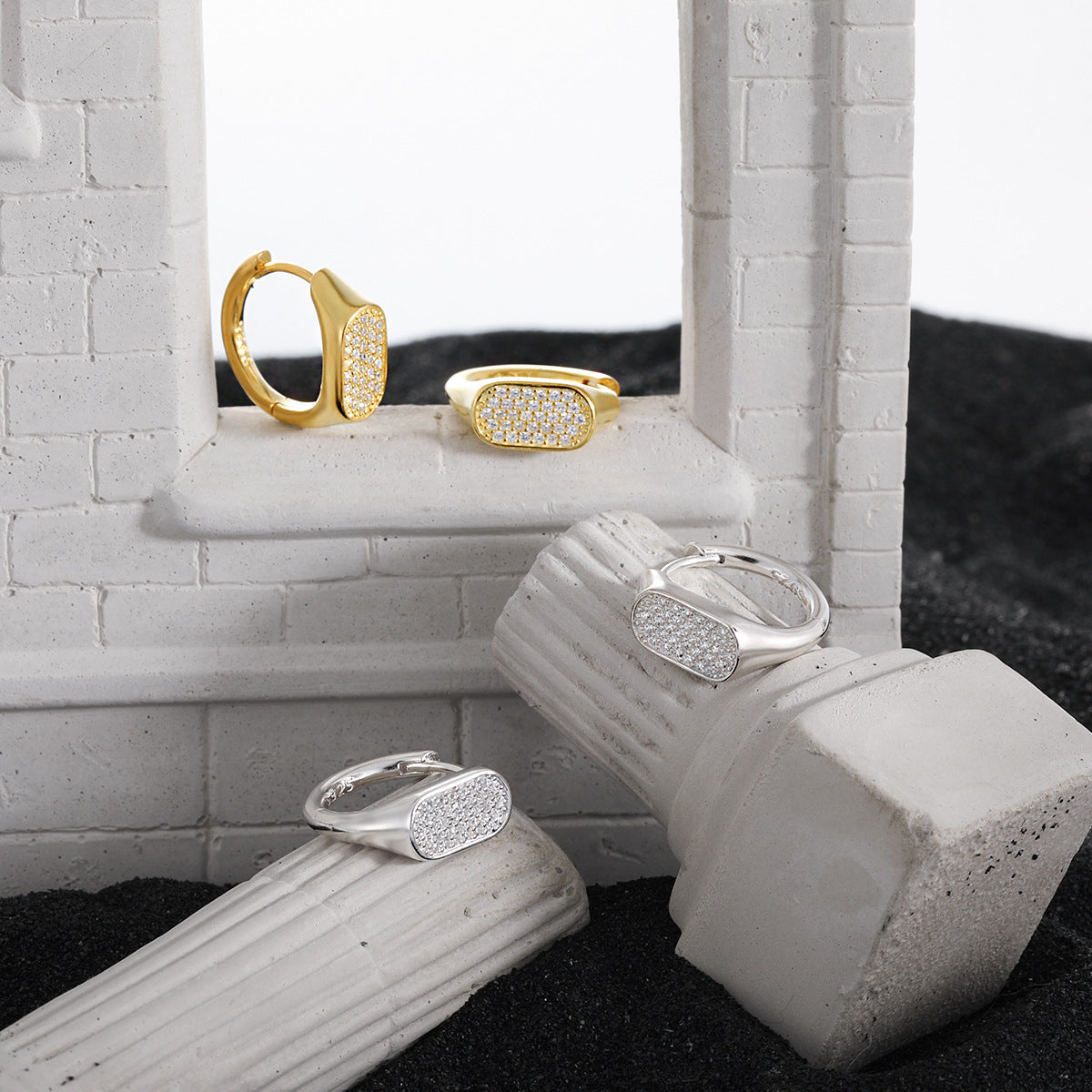 Geometry Irregular Rectangle Micro Setting CZ 925 Sterling Silver Hoop Earrings