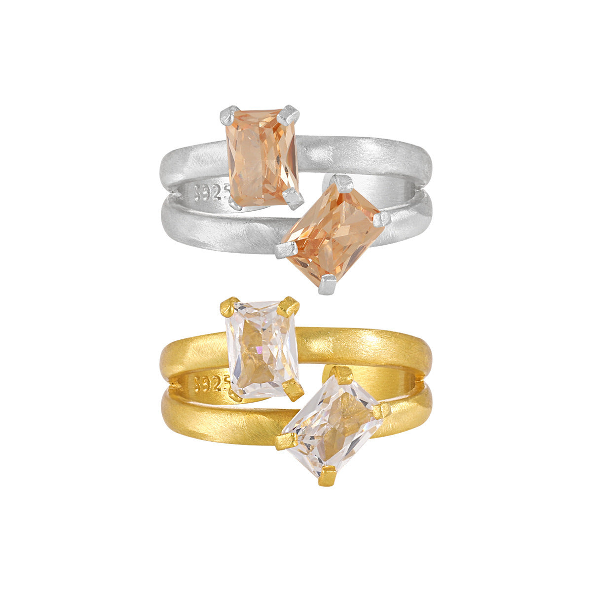 Geometry Double Layers Baguette CZ 925 Sterling Silver Adjustable Ring