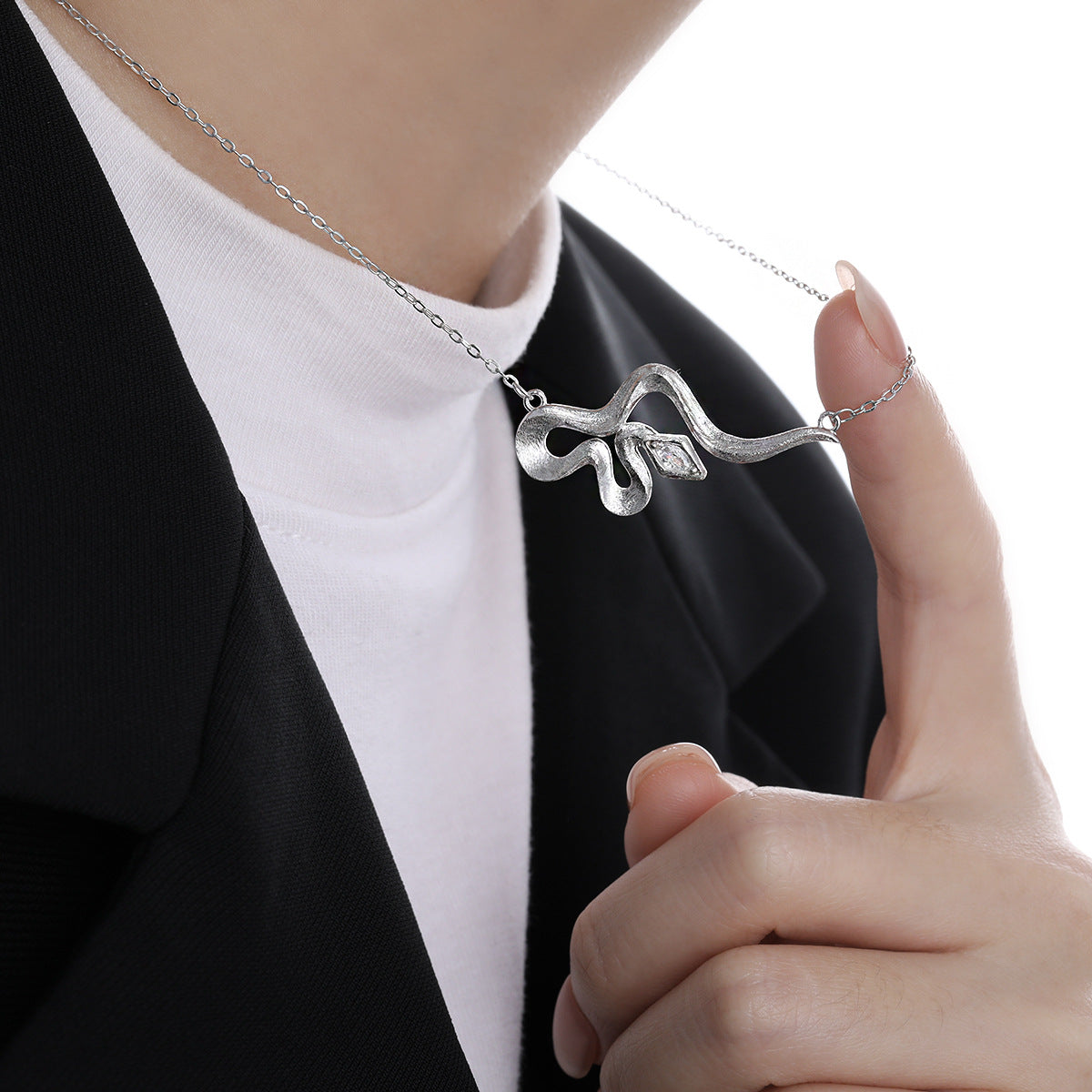 Modern Rhombus CZ Curved Snake 925 Sterling Silver Necklace