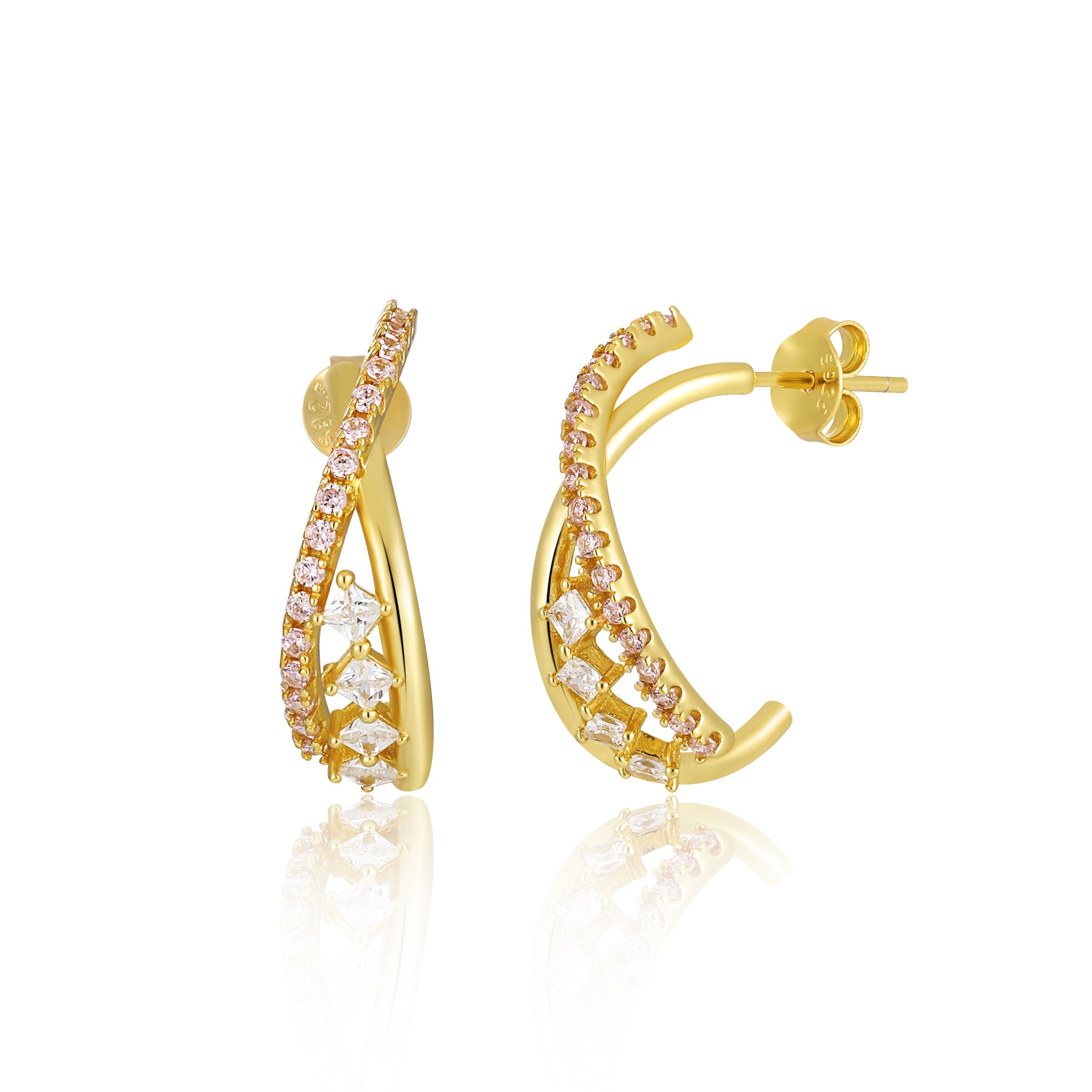 Fashion Rhombus Round CZ Irregular Cross 925 Sterling Silver Hoop Earrings