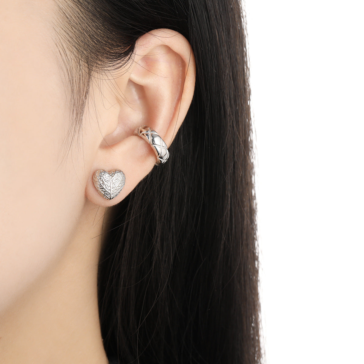 Lady Geometry Square Heart Leaves 925 Sterling Silver Stud Earrings