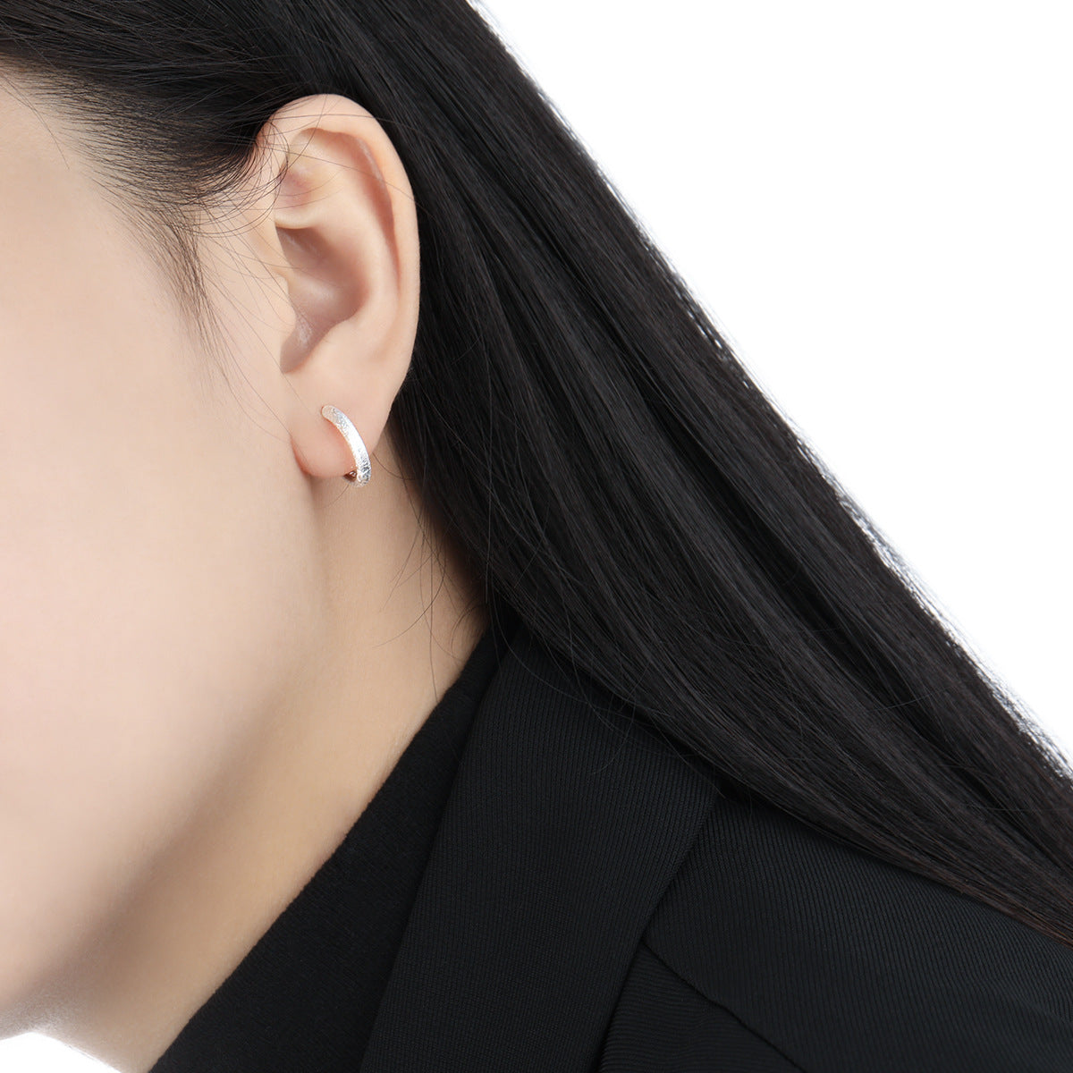 Simple Frosted Round Circle 925 Sterling Silver Hoop Earring (Single)