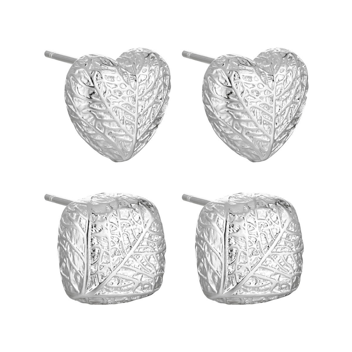 Lady Geometry Square Heart Leaves 925 Sterling Silver Stud Earrings