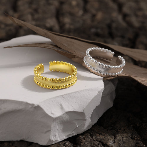 Casual Irrgular Beads Borders Wide 925 Sterling Silver Adjustable Ring