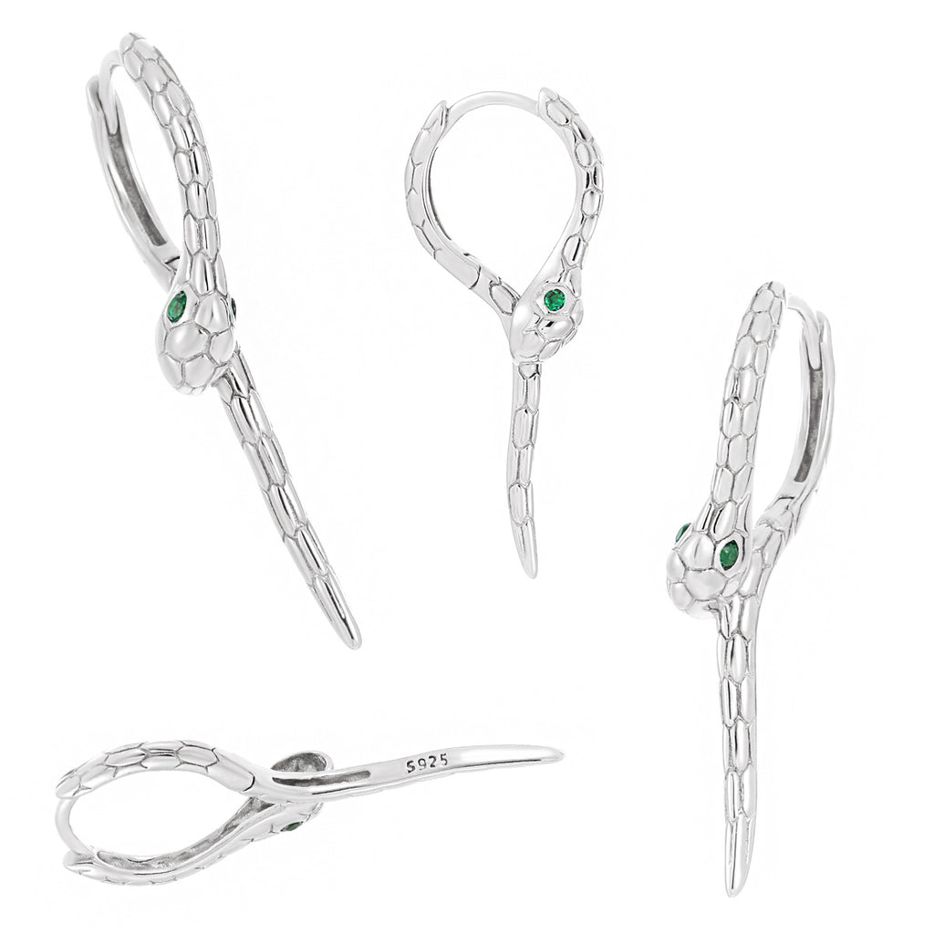 Modern Animal Gree CZ Eye Snake 925 Sterling Silver Leverback Dangling Earrings