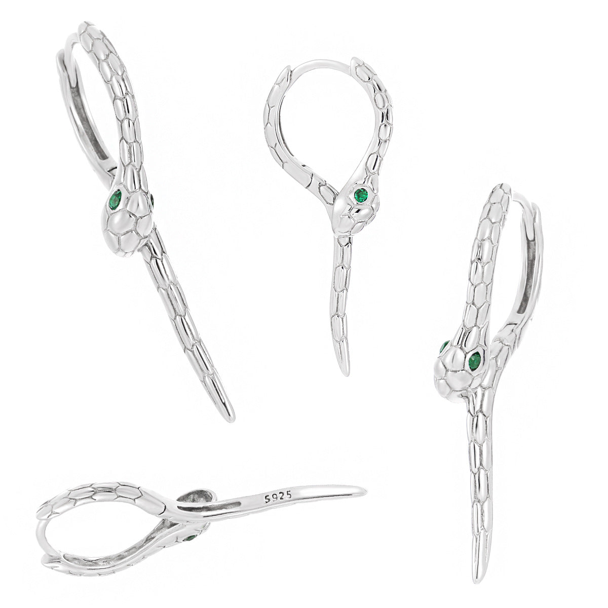 Modern Animal Gree CZ Eye Snake 925 Sterling Silver Leverback Dangling Earrings