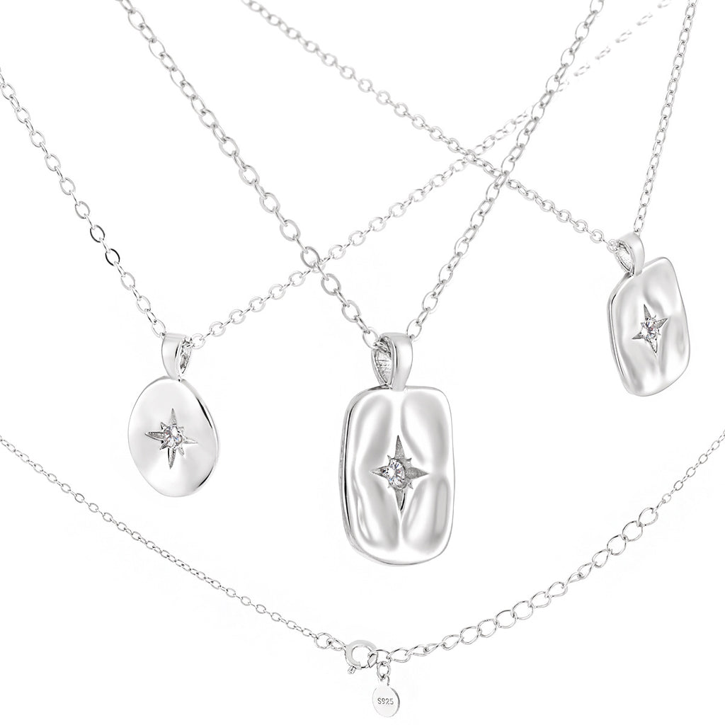 Women Geometry Shining CZ Star Geometry 925 Sterling Silver Necklace