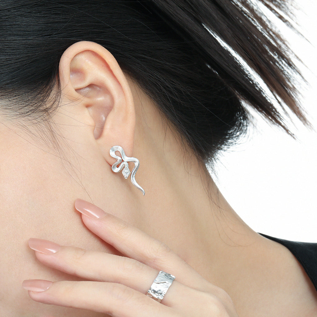 Party Irregular CZ Snake Animal 925 Sterling Silver Dangling Earrings