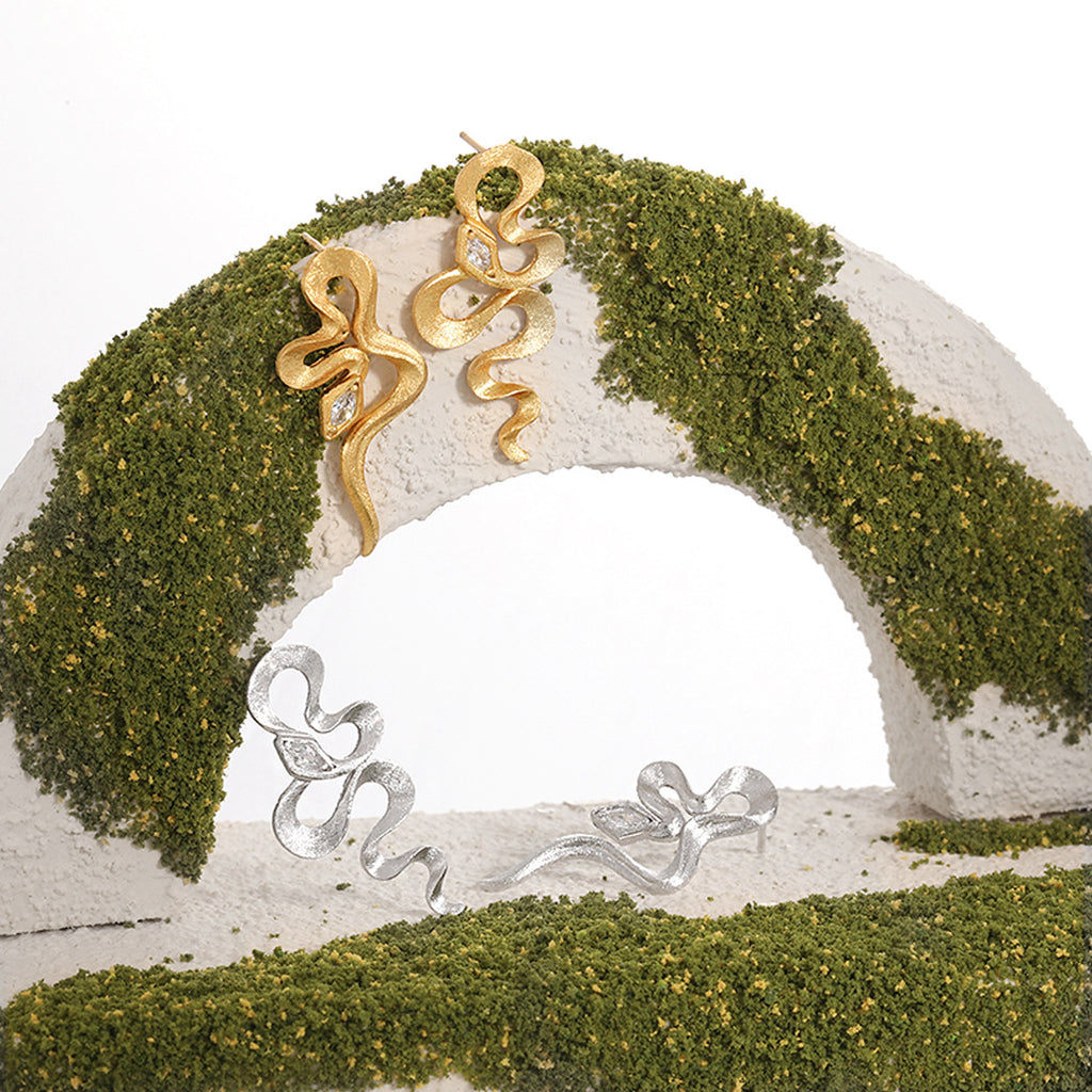 Party Irregular CZ Snake Animal 925 Sterling Silver Dangling Earrings