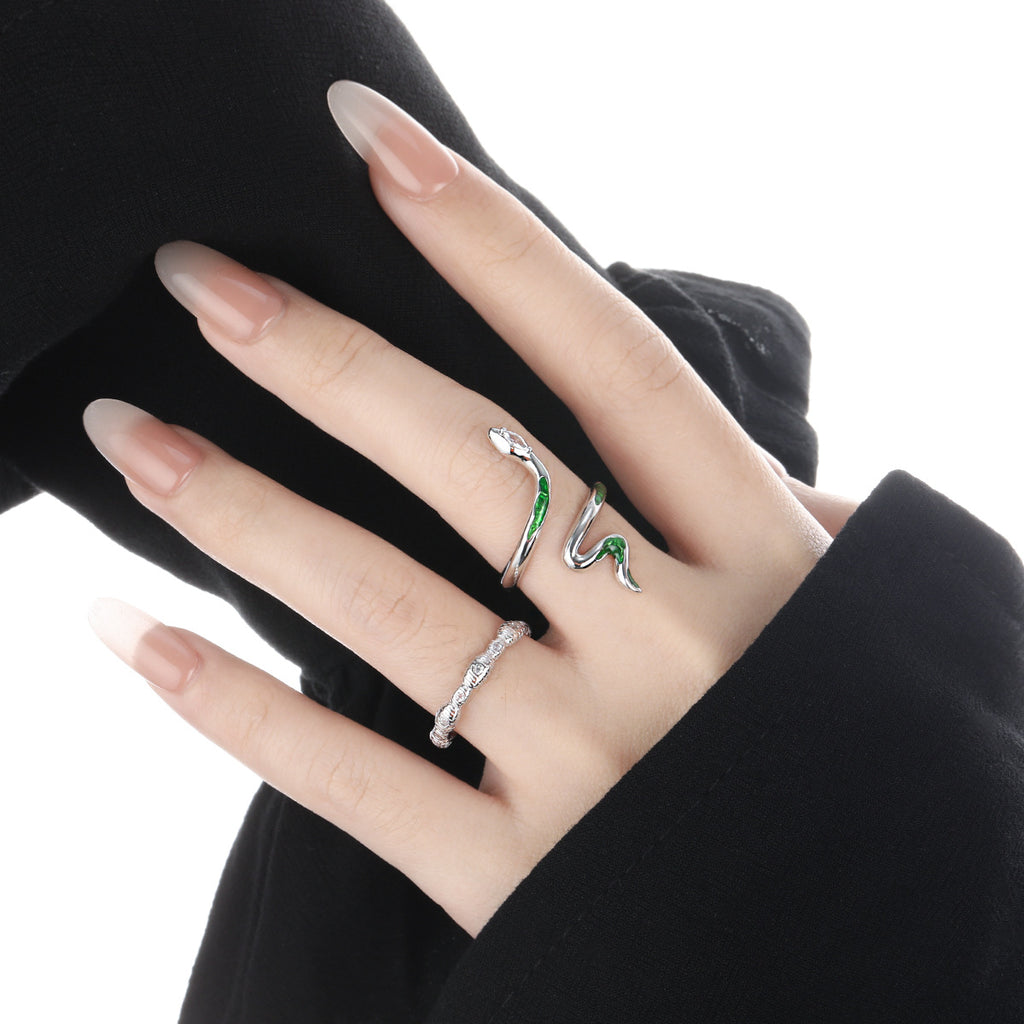 Fashion Animail Green Epoxy Snake 925 Sterling Silver Adjustable Ring