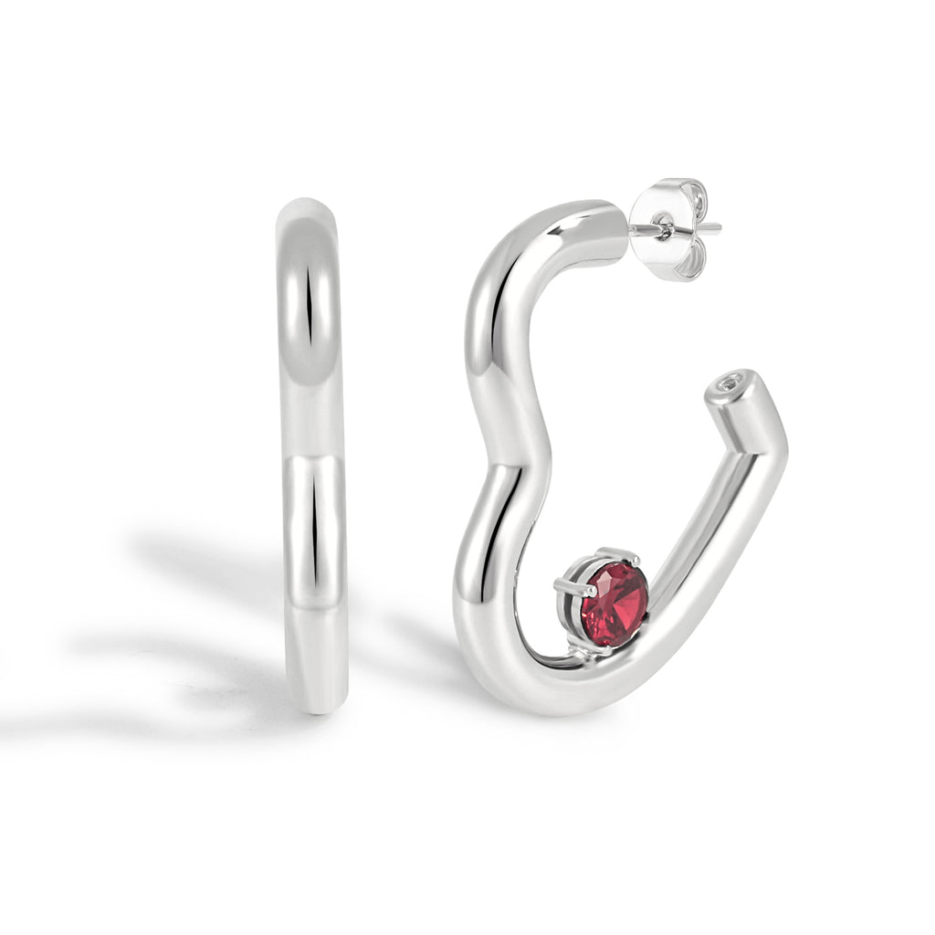 Women Fashion Red CZ Heart 999 Sterling Silver Hoop Earrings