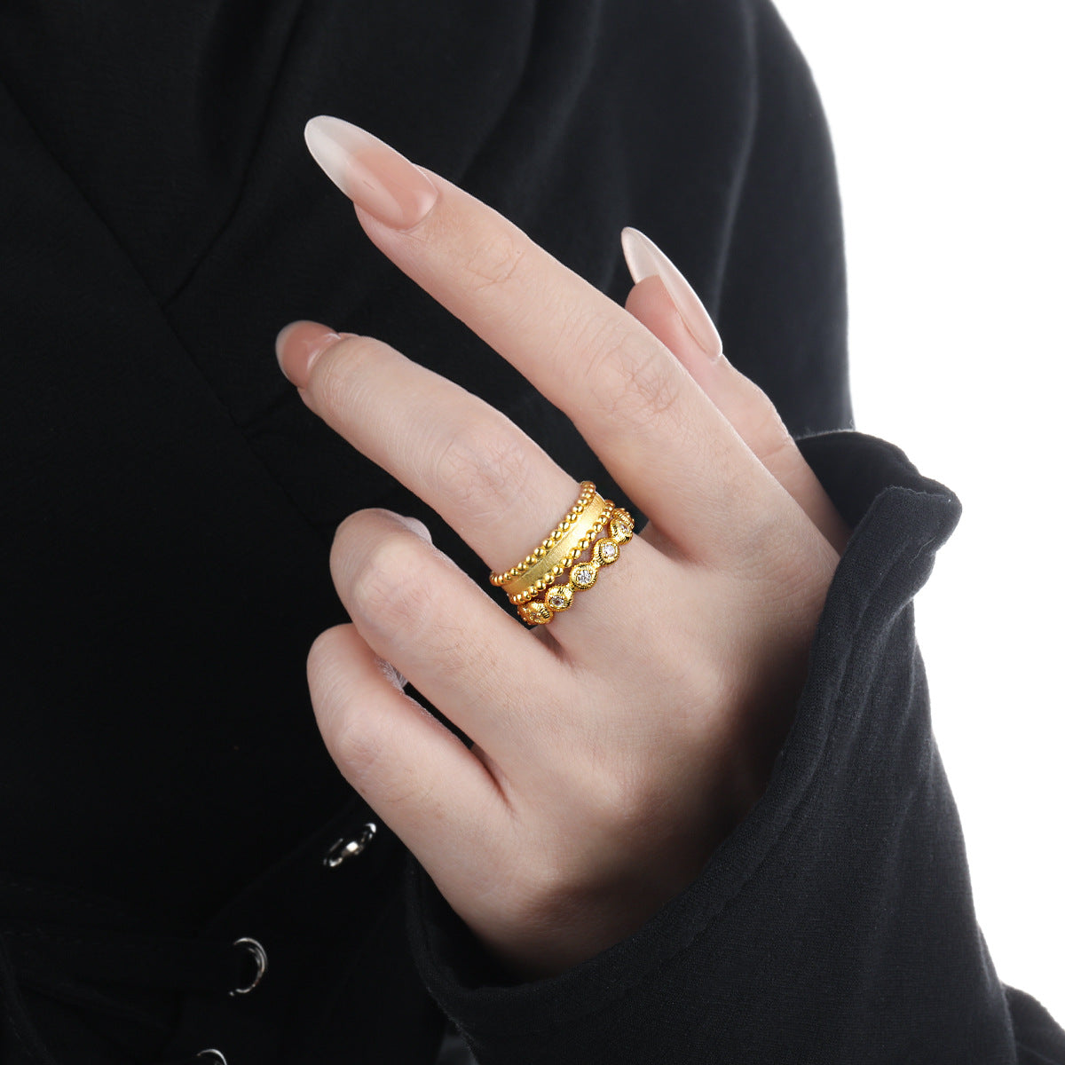 Casual Irrgular Beads Borders Wide 925 Sterling Silver Adjustable Ring