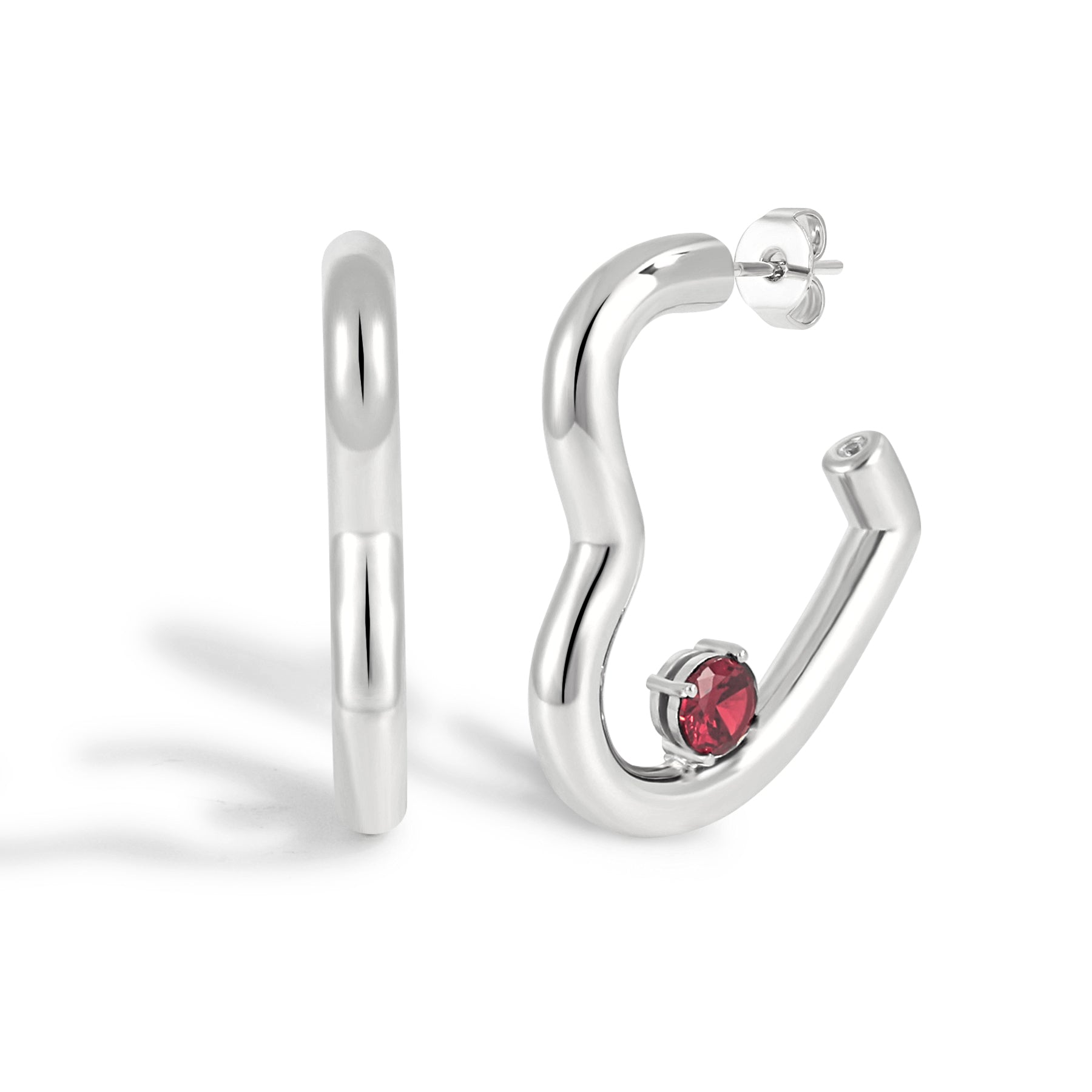 Women Fashion Red CZ Heart 999 Sterling Silver Hoop Earrings