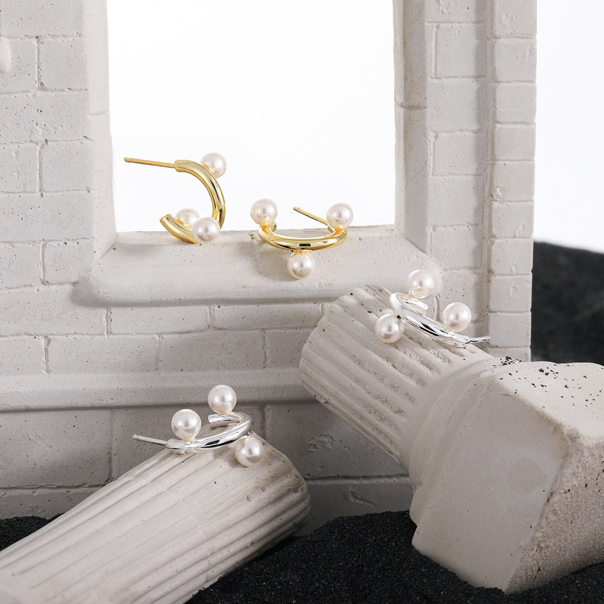 Fashion Office Round Shell Pearls C Shape 925 Sterling Silver Hoop Earrings