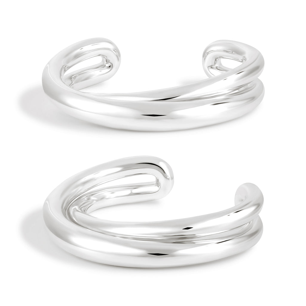 Classic Irregular Double Layers Cross 999 Sterling Silver Open Cuff Bracelet