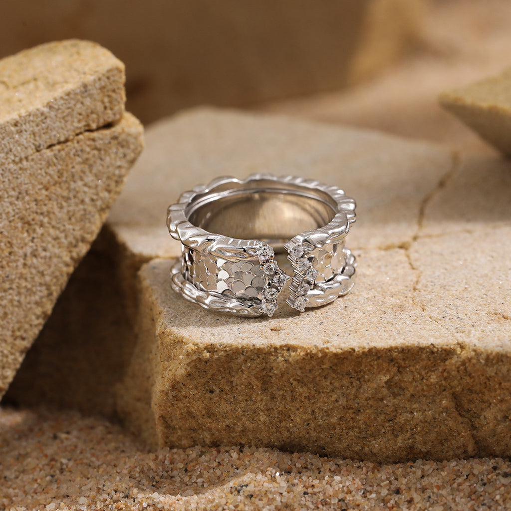 Modern Scale Pattern Irregular Border 925 Sterling Silver Wide Adjustable Ring