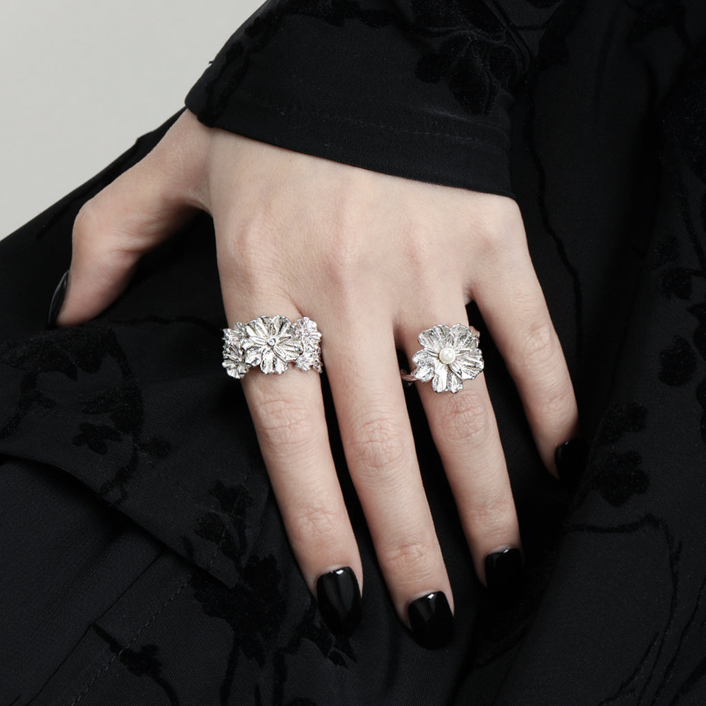 Women Beautiful CZ Flowers 925 Sterling Silver Adjustable Ring